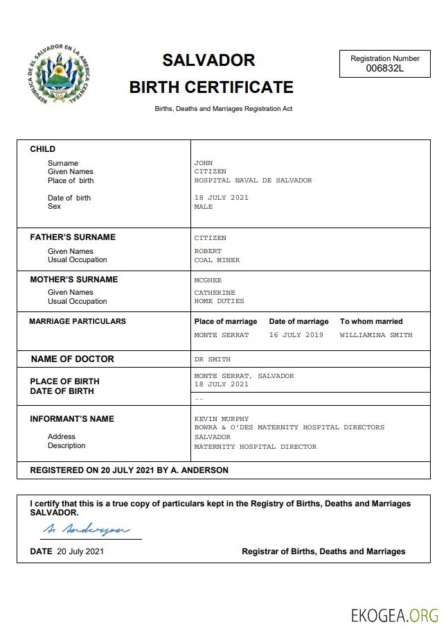 Modèle Word et PDF d'acte de naissance de Salvador template